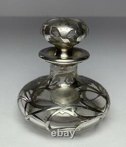 Antique PAIR ALVIN STERLING SILVER OVERLAY GLASS PERFUME BOTTLES 3 1/4H Signed