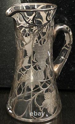 Antique S Silver 999 Overlay Glass Pitcher Grapevine 9.5 T Some Damage Alvin
