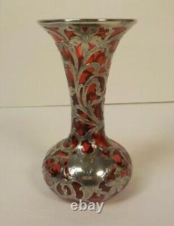 Art Nouveau Alvin Sterling Silver Overlay Cranberry Glass 5.75 Vase, c. 1910