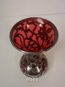 Art Nouveau Alvin Sterling Silver Overlay Cranberry Glass 5.75 Vase, c. 1910