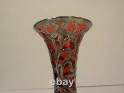 Art Nouveau Alvin Sterling Silver Overlay Cranberry Glass 5.75 Vase, c. 1910