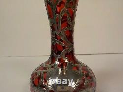 Art Nouveau Alvin Sterling Silver Overlay Cranberry Glass 5.75 Vase, c. 1910