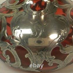 Art Nouveau Alvin Sterling Silver Overlay Cranberry Glass 5.75 Vase, c. 1910