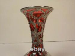 Art Nouveau Alvin Sterling Silver Overlay Cranberry Glass 5.75 Vase, c. 1910