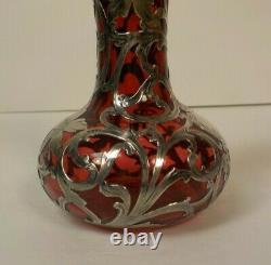 Art Nouveau Alvin Sterling Silver Overlay Cranberry Glass 5.75 Vase, c. 1910