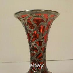 Art Nouveau Alvin Sterling Silver Overlay Cranberry Glass 5.75 Vase, c. 1910