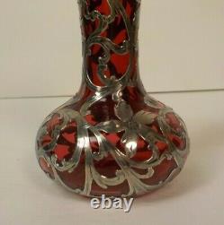 Art Nouveau Alvin Sterling Silver Overlay Cranberry Glass 5.75 Vase, c. 1910
