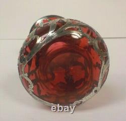 Art Nouveau Alvin Sterling Silver Overlay Cranberry Glass 5.75 Vase, c. 1910