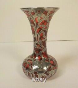 Art Nouveau Alvin Sterling Silver Overlay Cranberry Glass 5.75 Vase, c. 1910