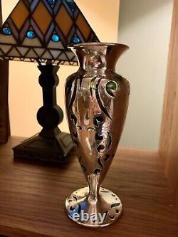 Art Nouveau Alvin Sterling Silver Overlay Emerald Green Glass Vase ca 1900s