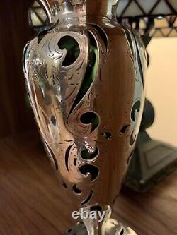 Art Nouveau Alvin Sterling Silver Overlay Emerald Green Glass Vase ca 1900s