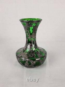 Art Nouveau Alvin Sterling Silver Overlay Green Glass Vase Top Repaired