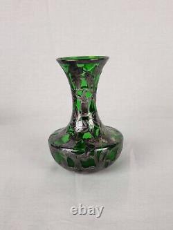 Art Nouveau Alvin Sterling Silver Overlay Green Glass Vase Top Repaired