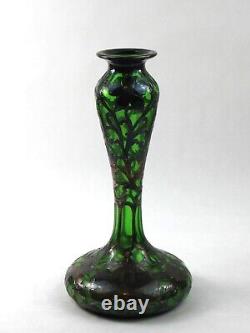 Art Nouveau Alvin Sterling Silver Overlay Green Glass Vase ca 1900s