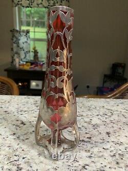 Art Nouveau Sterling Silver thick Overlay Cranberry Glass vase 10 Alvin