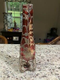 Art Nouveau Sterling Silver thick Overlay Cranberry Glass vase 10 Alvin