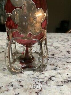 Art Nouveau Sterling Silver thick Overlay Cranberry Glass vase 10 Alvin