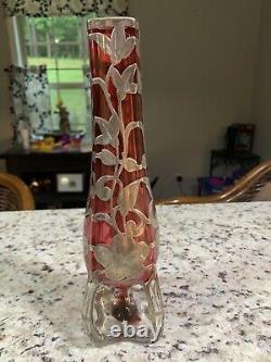 Art Nouveau Sterling Silver thick Overlay Cranberry Glass vase 10 Alvin