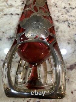 Art Nouveau Sterling Silver thick Overlay Cranberry Glass vase 10 Alvin