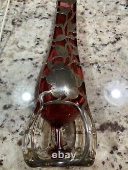 Art Nouveau Sterling Silver thick Overlay Cranberry Glass vase 10 Alvin