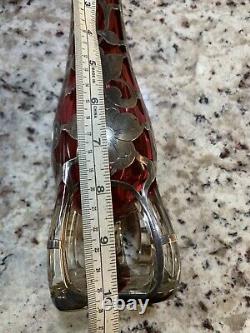 Art Nouveau Sterling Silver thick Overlay Cranberry Glass vase 10 Alvin
