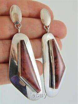 Big 2 5/8 Signed Navajo Alvin De Chelly Raspberry Rhodonite & Sterling Earrings