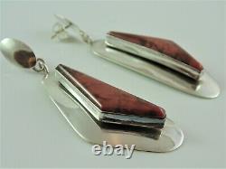 Big 2 5/8 Signed Navajo Alvin De Chelly Raspberry Rhodonite & Sterling Earrings