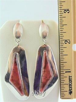 Big 2 5/8 Signed Navajo Alvin De Chelly Raspberry Rhodonite & Sterling Earrings