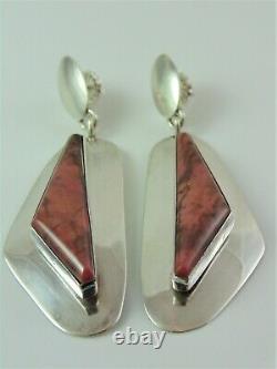 Big 2 5/8 Signed Navajo Alvin De Chelly Raspberry Rhodonite & Sterling Earrings