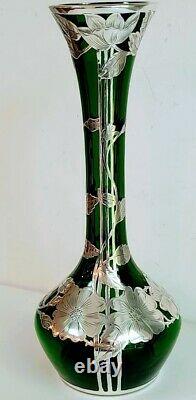 Fine Silver Overlay Green Glass Vase 12 Tall By Alvin Sterling Art Nouveau