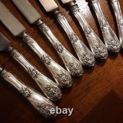 Fleur De Lis Alvin Sterling Handles Old French Knives 1907 Set 12 Slvplt Blds