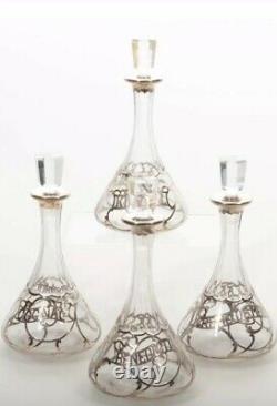 Gorgeous Set Of 4 C1900 Alvin Silver Co. Art Nouveau Sterling Overlay Decanters