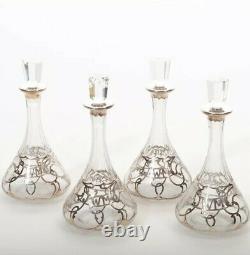 Gorgeous Set Of 4 C1900 Alvin Silver Co. Art Nouveau Sterling Overlay Decanters