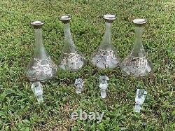 Gorgeous Set Of 4 C1900 Alvin Silver Co. Art Nouveau Sterling Overlay Decanters