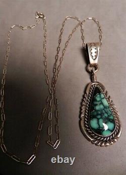 LGE VTG NAVAJO ALVIN YAZZIE TURQUOISE & STERLING PENDANT WithCHAIN, AY SIGNED