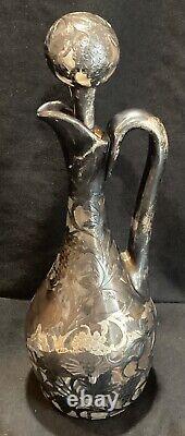 Large 13 Tall Antique Alvin 999 Sterling Silver Overlay Grape Decanter Cracked