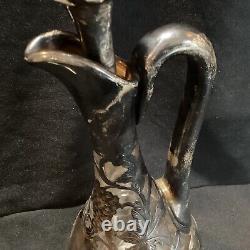 Large 13 Tall Antique Alvin 999 Sterling Silver Overlay Grape Decanter Cracked
