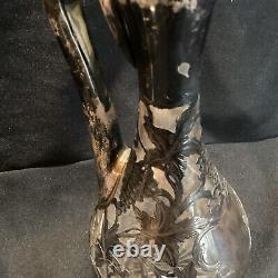 Large 13 Tall Antique Alvin 999 Sterling Silver Overlay Grape Decanter Cracked