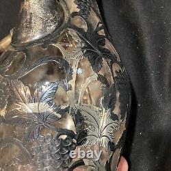 Large 13 Tall Antique Alvin 999 Sterling Silver Overlay Grape Decanter Cracked