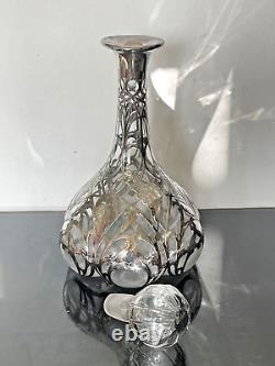 Large Antique Alvin Sterling Silver 999 Overlay Glass Decanter Bottle Marked