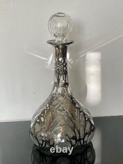Large Antique Alvin Sterling Silver 999 Overlay Glass Decanter Bottle Marked