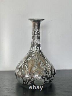Large Antique Alvin Sterling Silver 999 Overlay Glass Decanter Bottle Marked