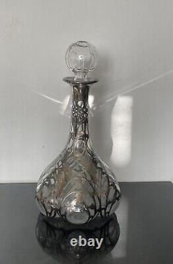 Large Antique Alvin Sterling Silver 999 Overlay Glass Decanter Bottle Marked