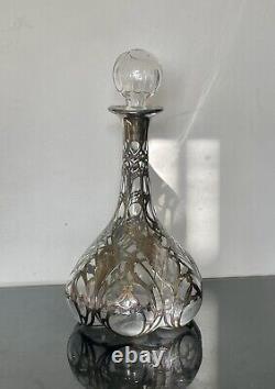 Large Antique Alvin Sterling Silver 999 Overlay Glass Decanter Bottle Marked