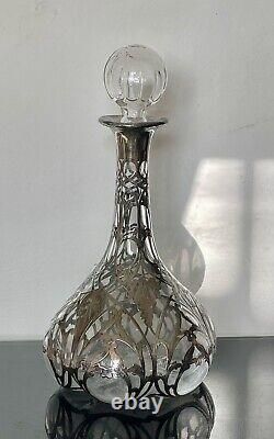 Large Antique Alvin Sterling Silver 999 Overlay Glass Decanter Bottle Marked