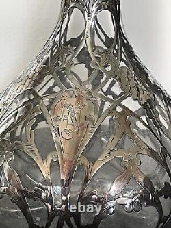 Large Antique Alvin Sterling Silver 999 Overlay Glass Decanter Bottle Marked