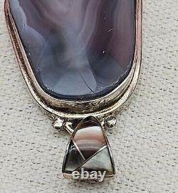 Large Native American Sterling Silver Pendant With Stone Alvin Joe READ