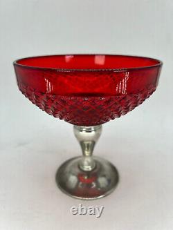 Ruby Glass Pedestal Vintage Alvin Sterling Silver Diamond Point Compote Dish