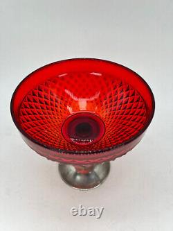 Ruby Glass Pedestal Vintage Alvin Sterling Silver Diamond Point Compote Dish