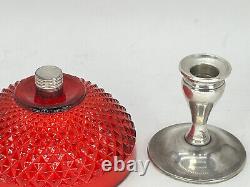 Ruby Glass Pedestal Vintage Alvin Sterling Silver Diamond Point Compote Dish